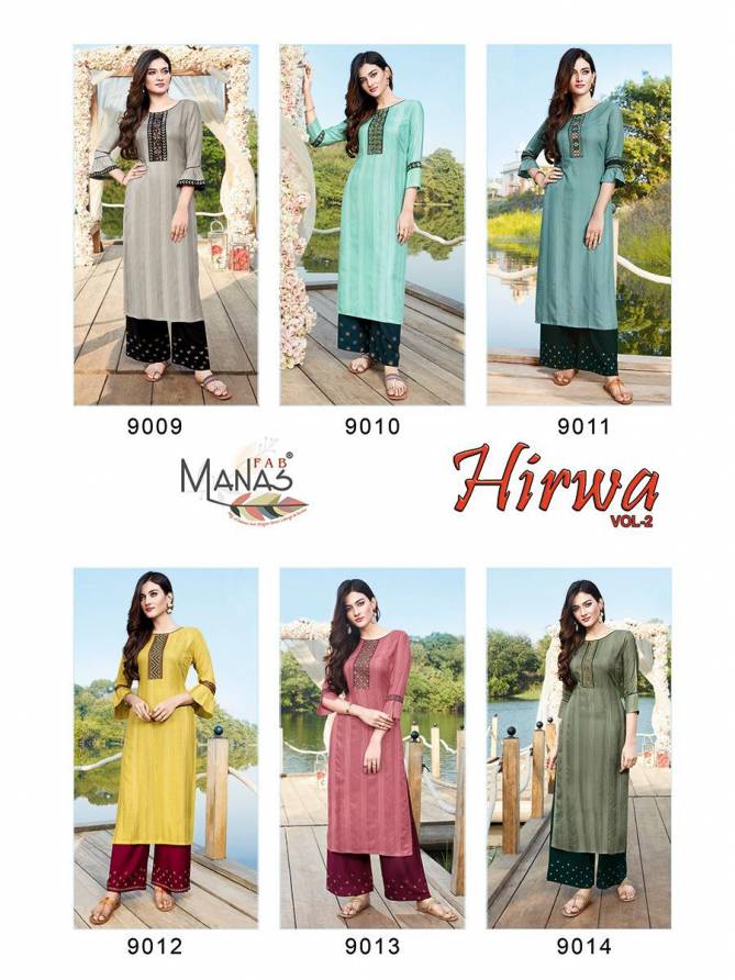 Manas Hirwa 2 Latest Designer Collection Ethnic Wear Rayon Embroidery Work Straight Kurti With Bottom 
